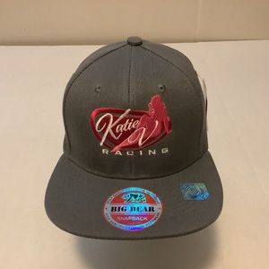 Katie V Racing Big Bear SnapBack Hat Premium Headwear Gray Pink White Embroidery